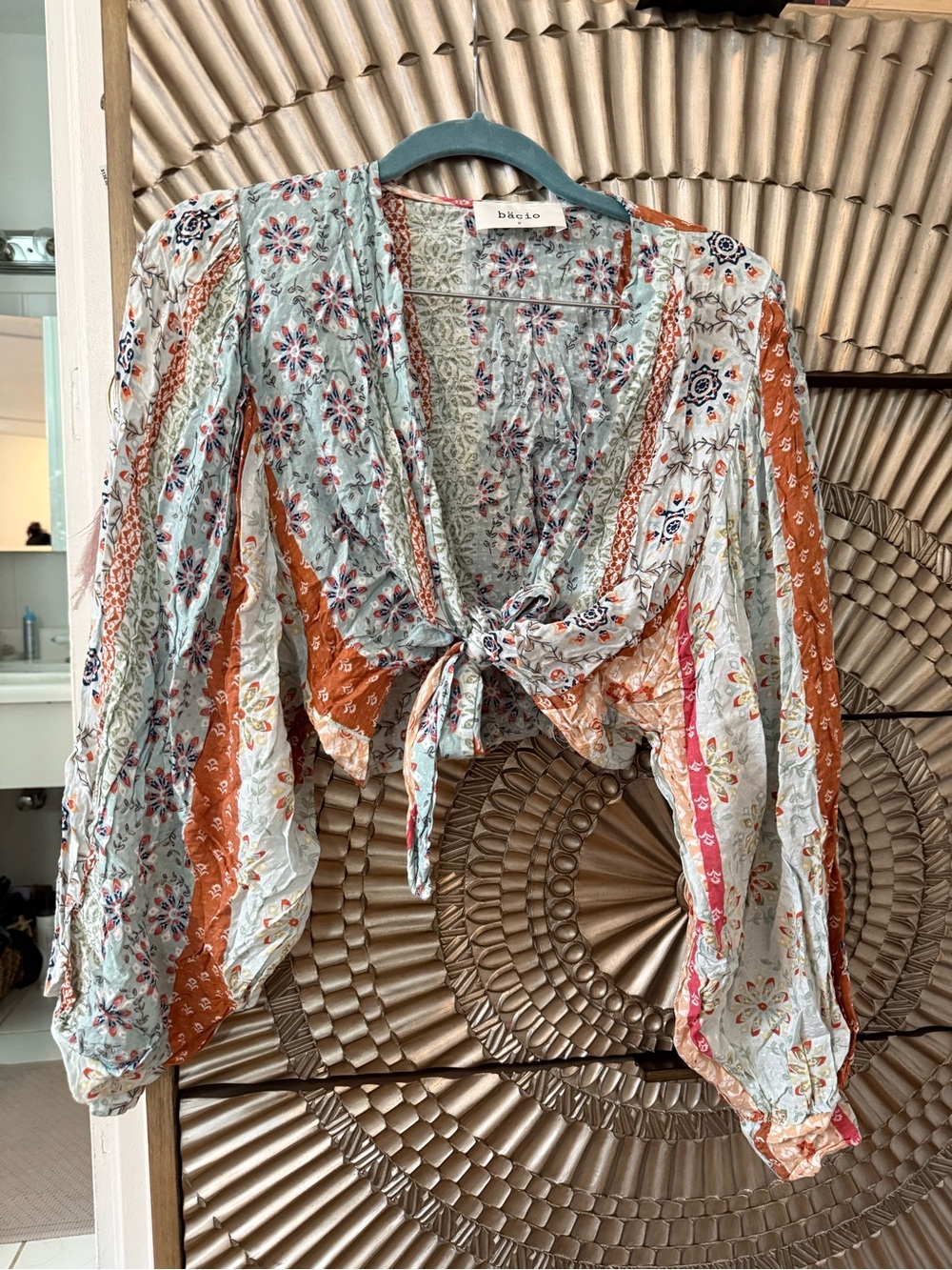 Boho Floral Tie-Front Blouse in Light Blue and Rust